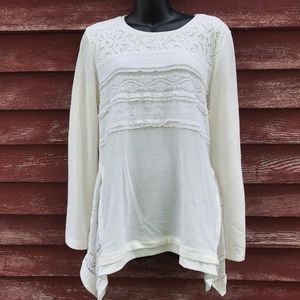 LOGO Lori Goldstein lace top waffle rib knit